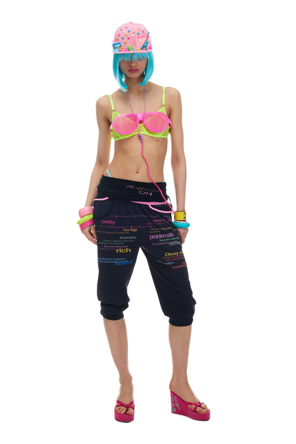 NORGIRA Colourful Lettering Slogan Full-Print Front, Drawstring Waist, Cropped, Slim-Fit, Lightweight Sweatpants