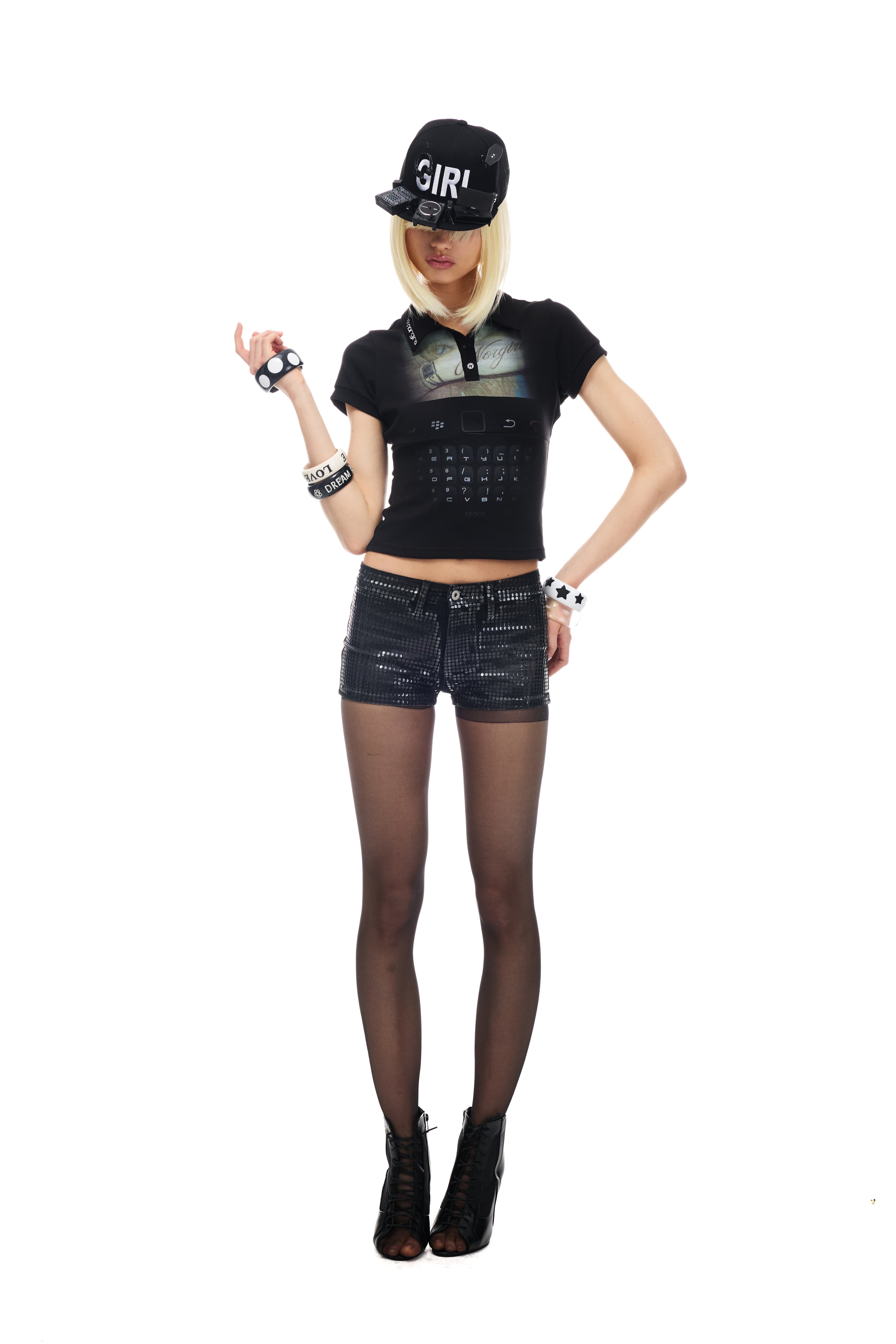 NORGIRA Low-rise, washed, slightly stretchy, distressed denim shorts with special sequins