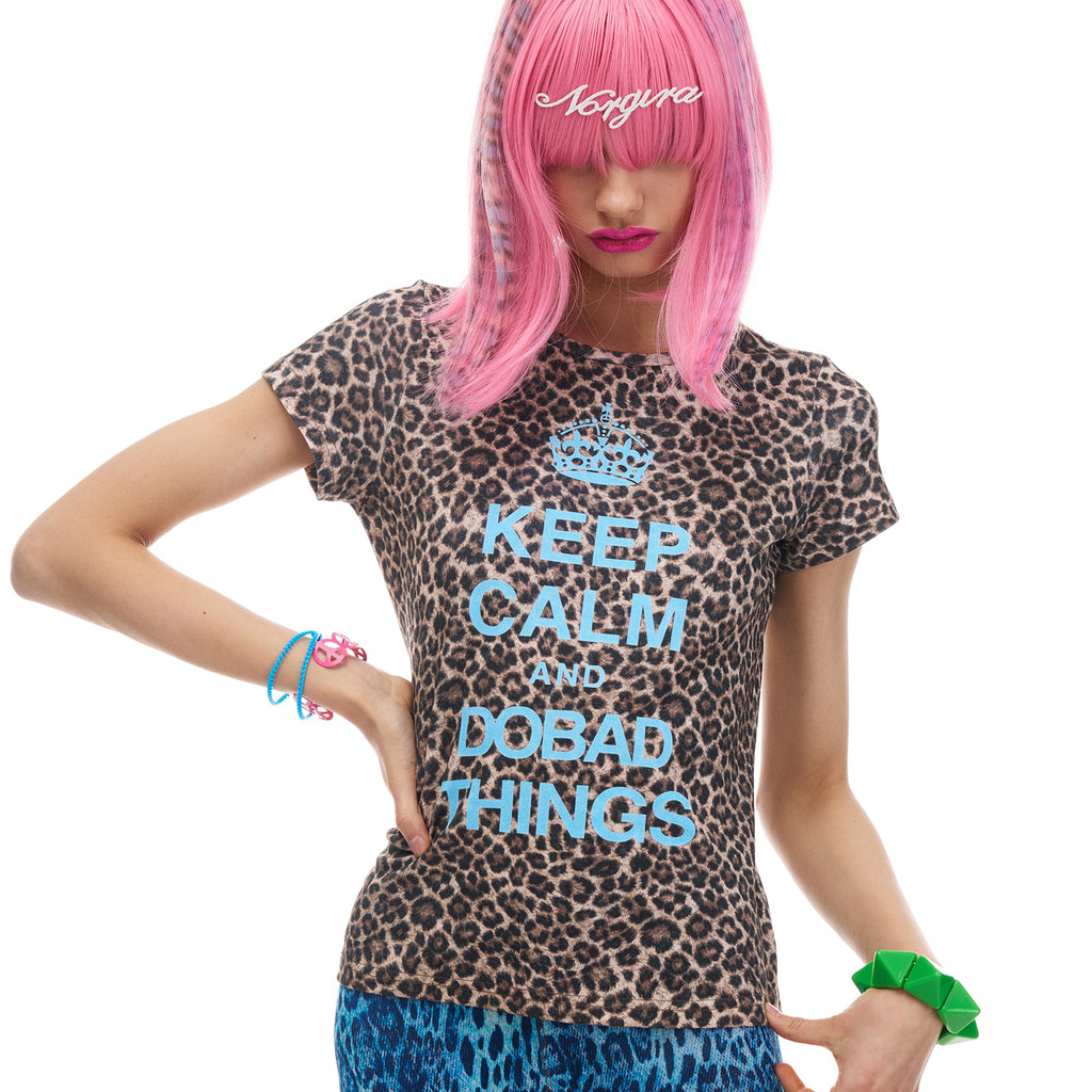 NORGIRA Retro Crown 'KEEP CLAM' Slogan Custom Leopard Print Fitted Short-Sleeve T-Shirt