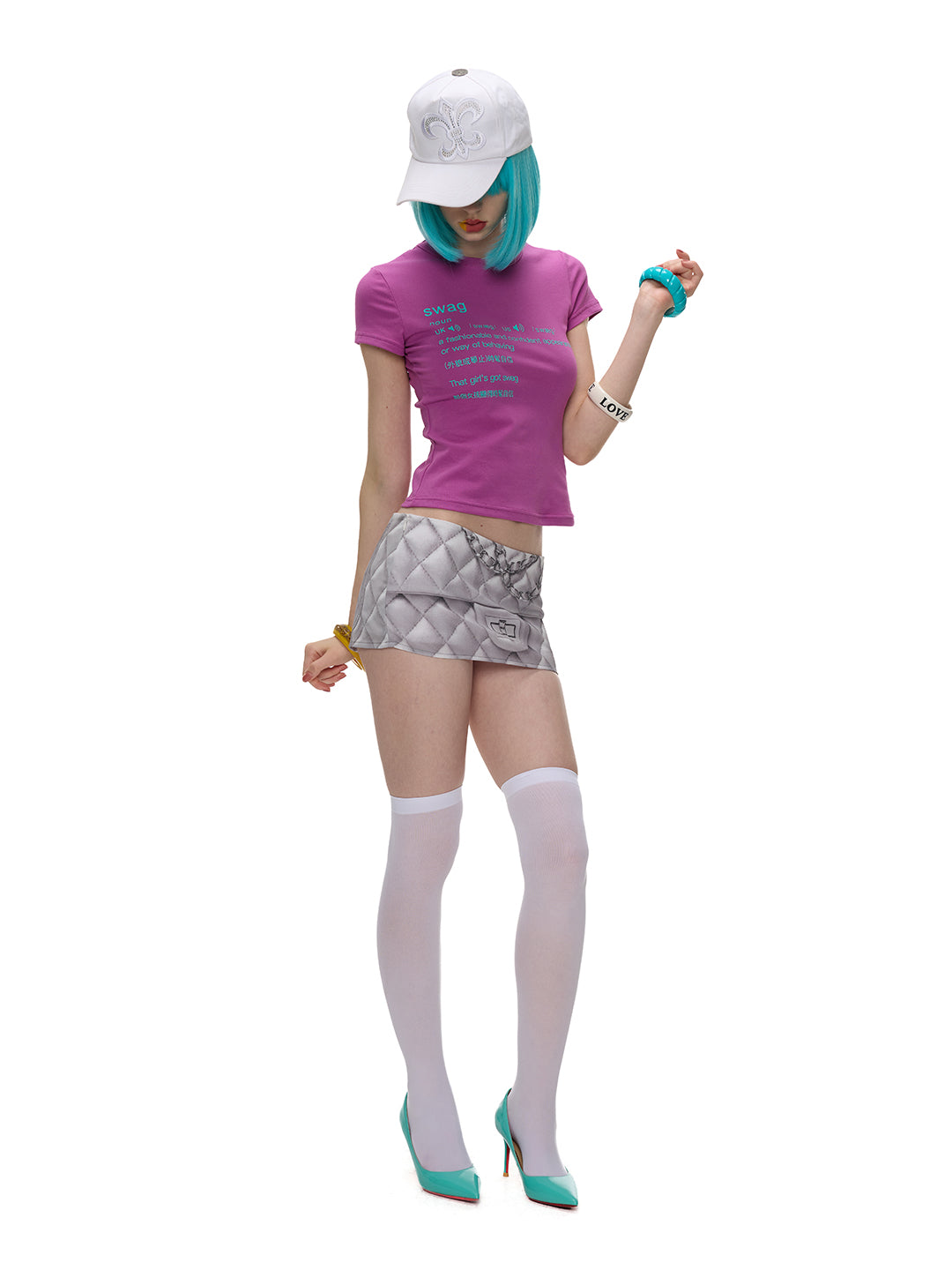 QUILTED BAG SATIN MINI SKIRT — Light Gray 1