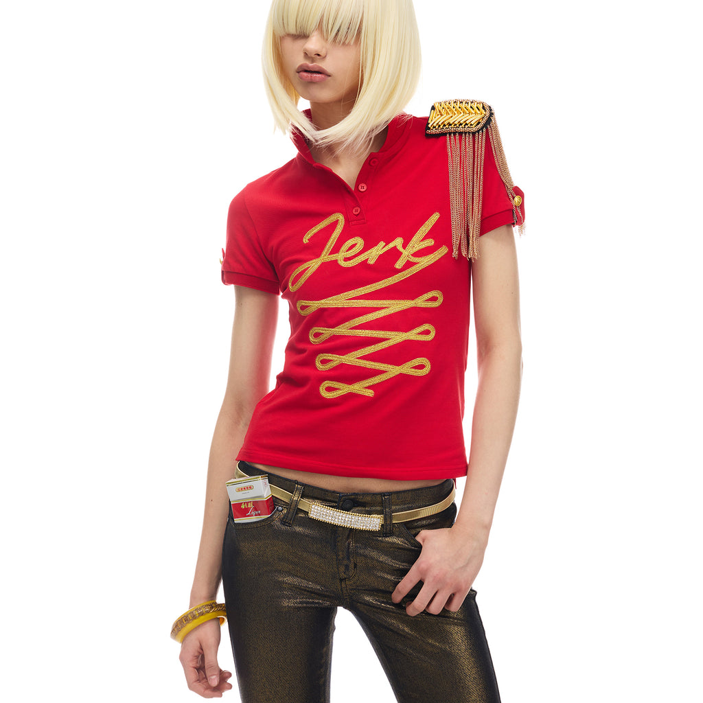NORGIRA “JERK” Gold Thread Court Embroidery Ribbon Elastic Fit Polo Short Sleeve T-Shirt