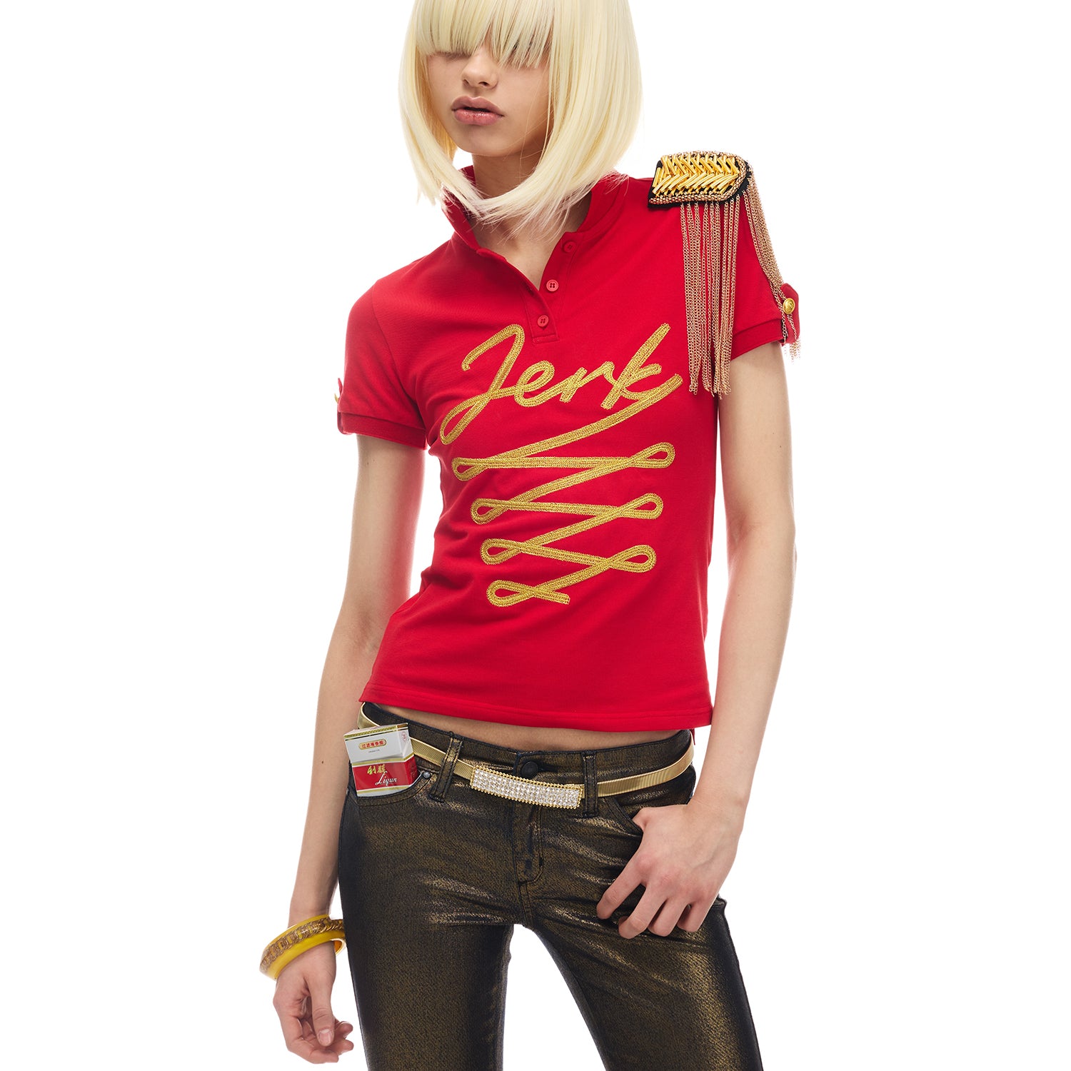 NORGIRA “JERK” Gold Thread Court Embroidery Ribbon Elastic Fit Polo Short Sleeve T-Shirt