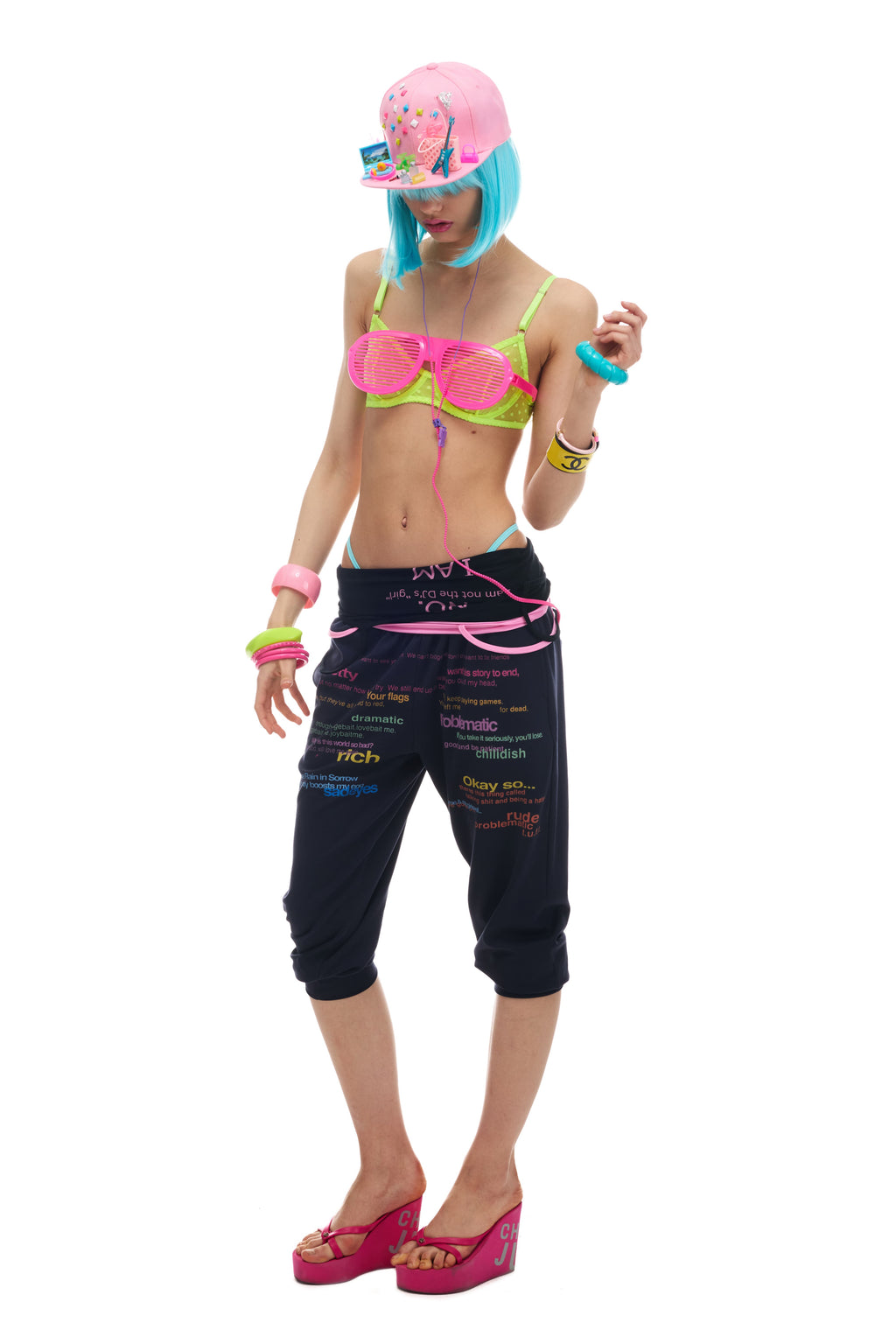 NORGIRA Colourful Lettering Slogan Full-Print Front, Drawstring Waist, Cropped, Slim-Fit, Lightweight Sweatpants