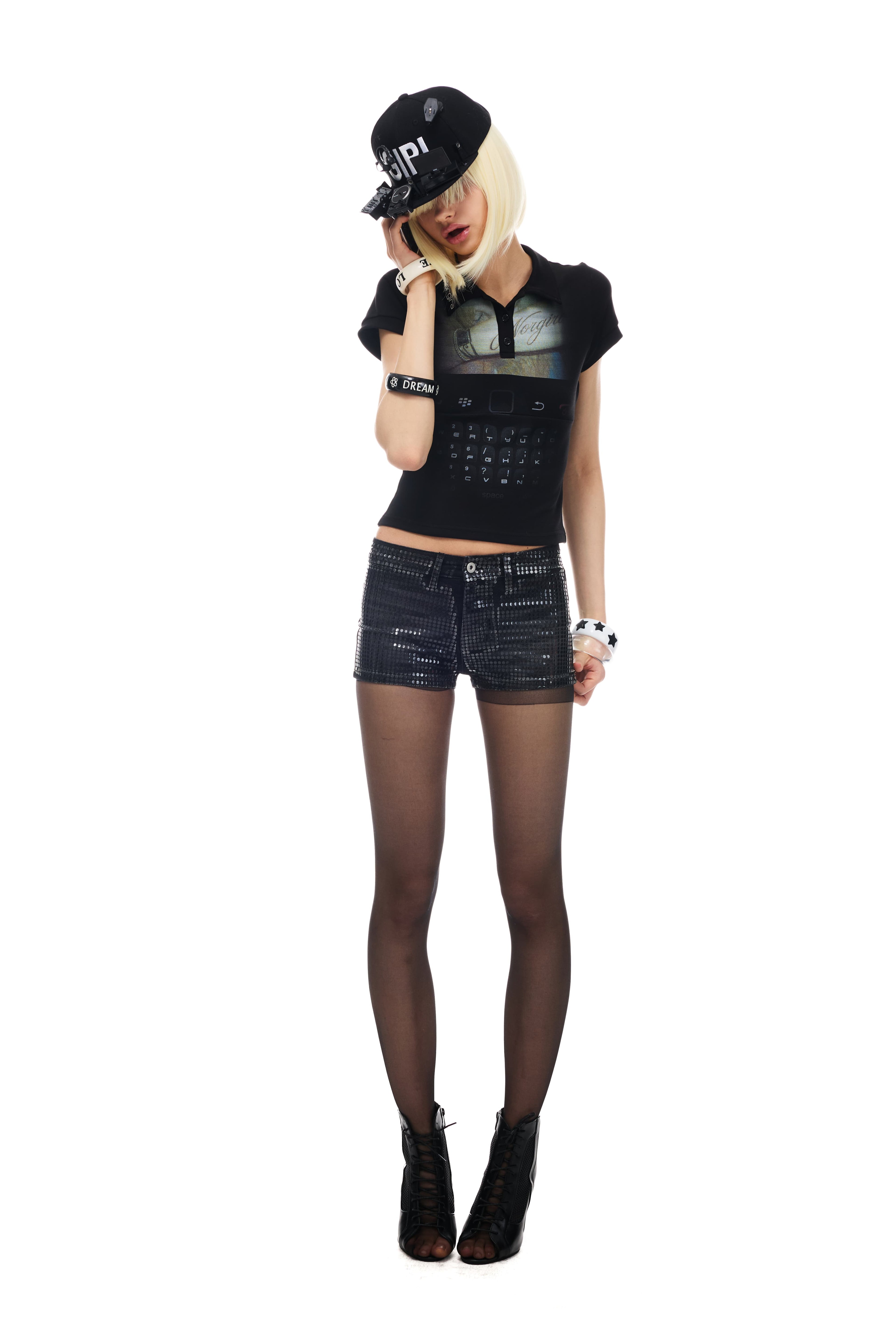NORGIRA Low-rise, washed, slightly stretchy, distressed denim shorts with special sequins