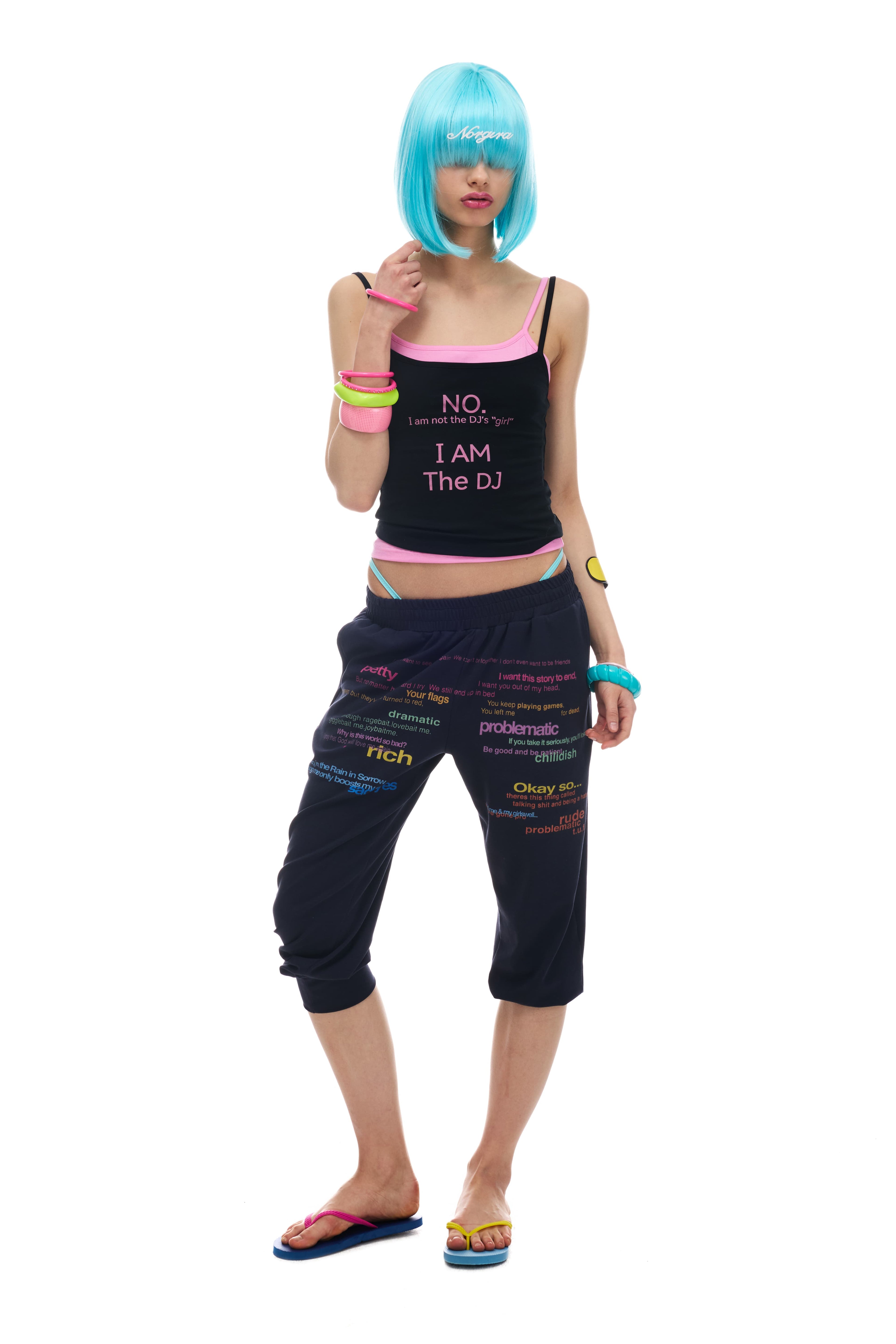 NORGIRA Colour-blocked Black and Pink Slogan Two-in-One Stretch Slim-Fit Lightweight Layering Tank Top