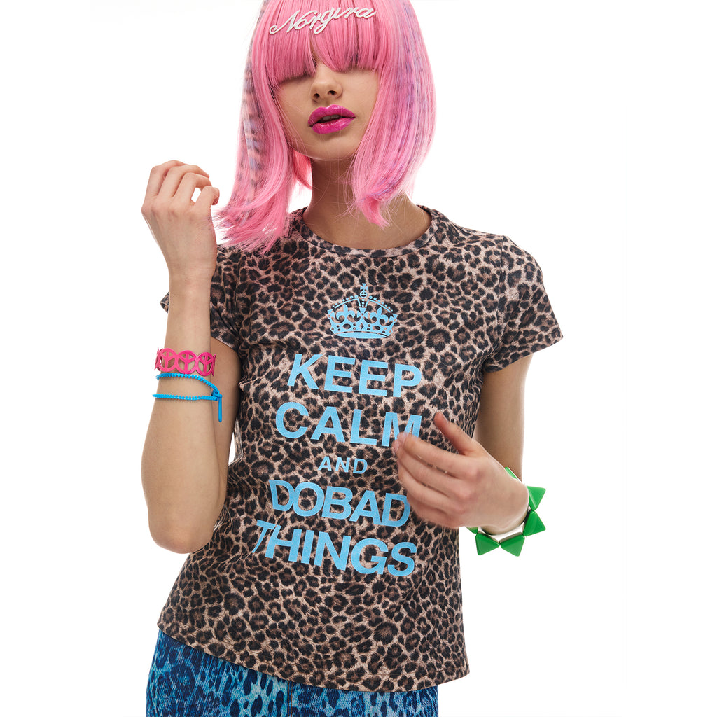 NORGIRA Retro Crown 'KEEP CLAM' Slogan Custom Leopard Print Fitted Short-Sleeve T-Shirt