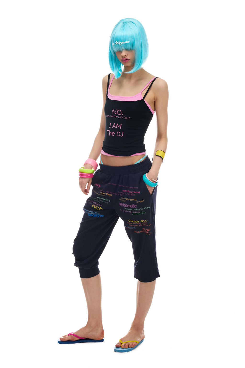 NORGIRA Colour-blocked Black and Pink Slogan Two-in-One Stretch Slim-Fit Lightweight Layering Tank Top