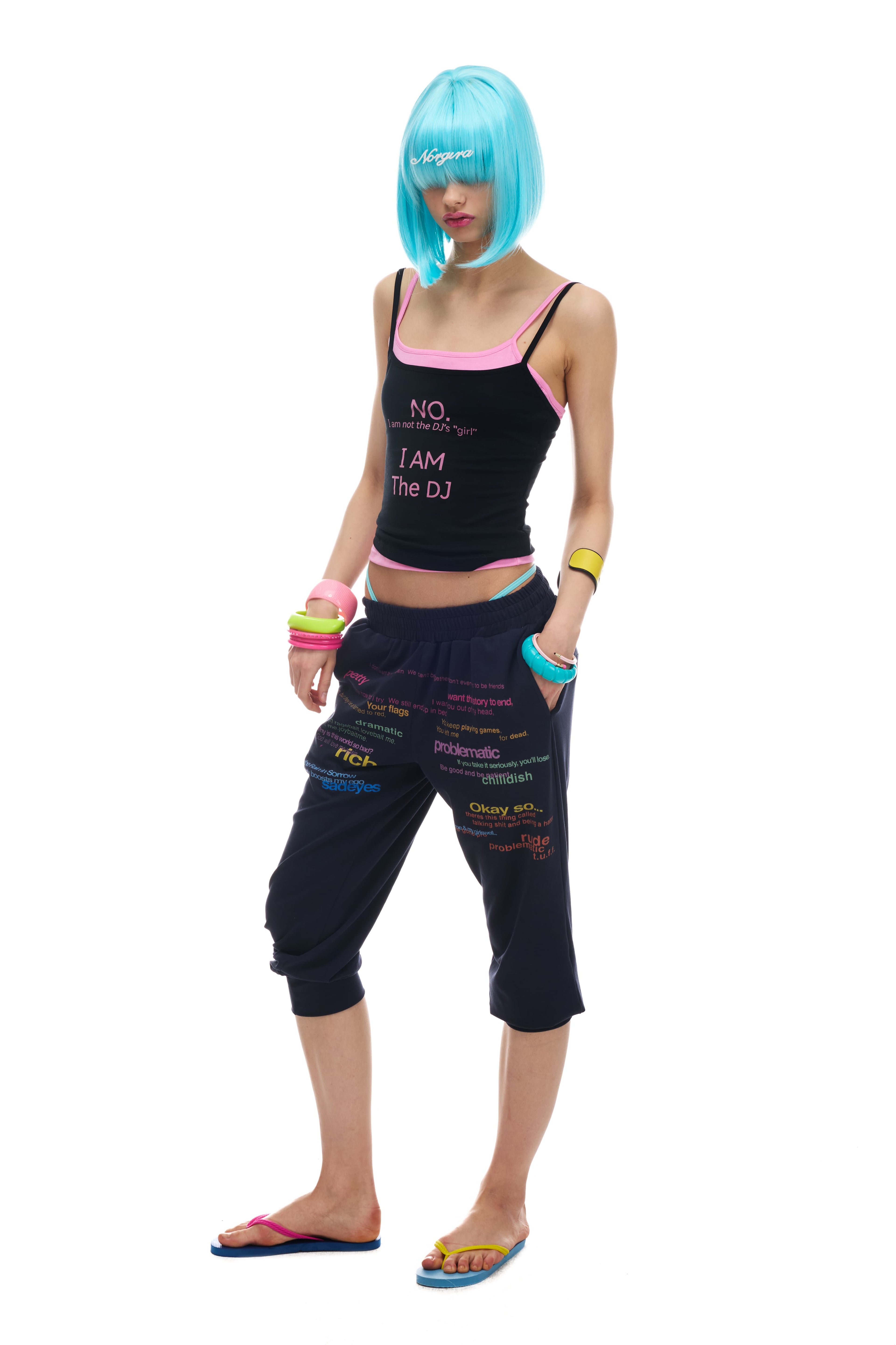 NORGIRA Colour-blocked Black and Pink Slogan Two-in-One Stretch Slim-Fit Lightweight Layering Tank Top