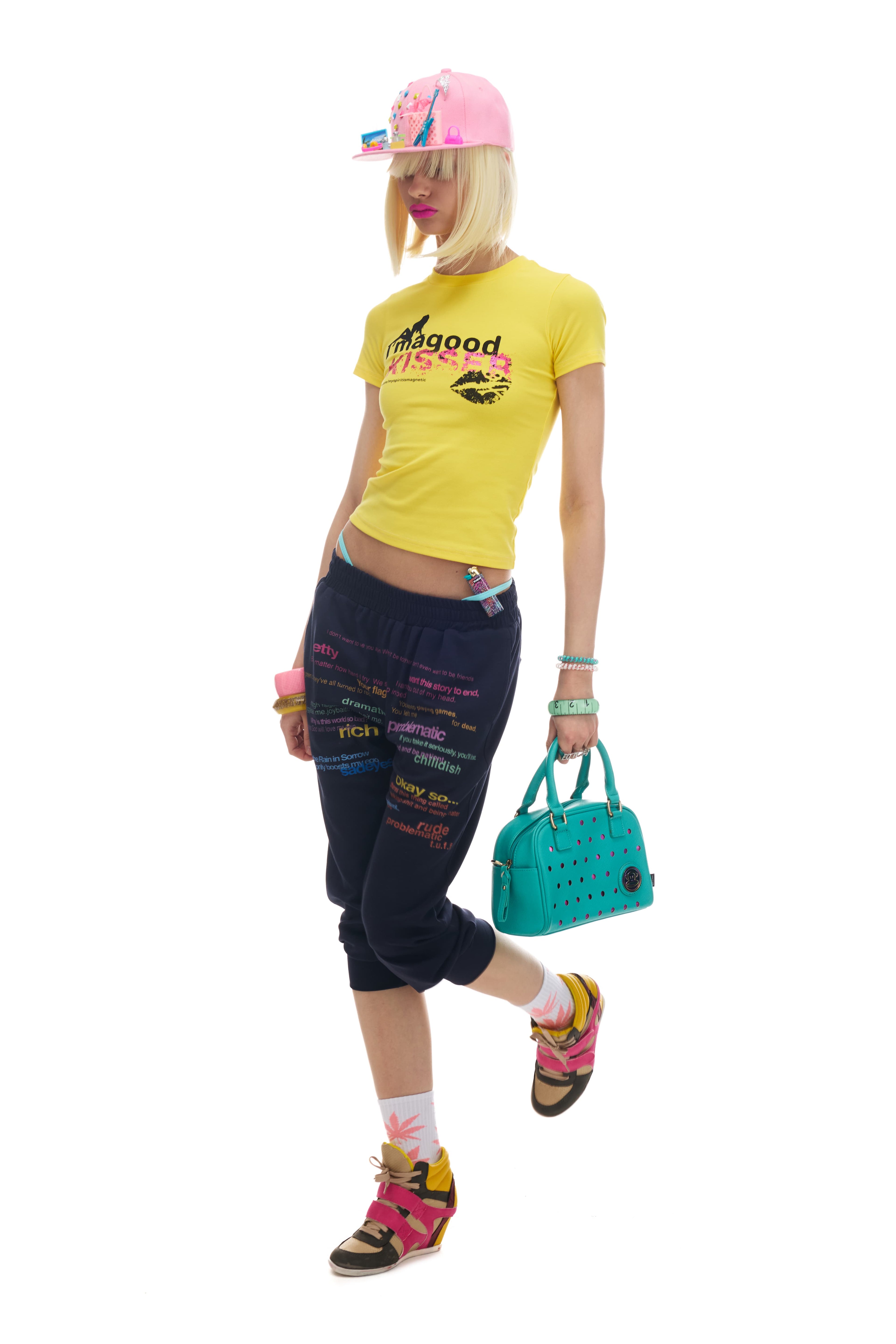 NORGIRA Colourful Lettering Slogan Full-Print Front, Drawstring Waist, Cropped, Slim-Fit, Lightweight Sweatpants