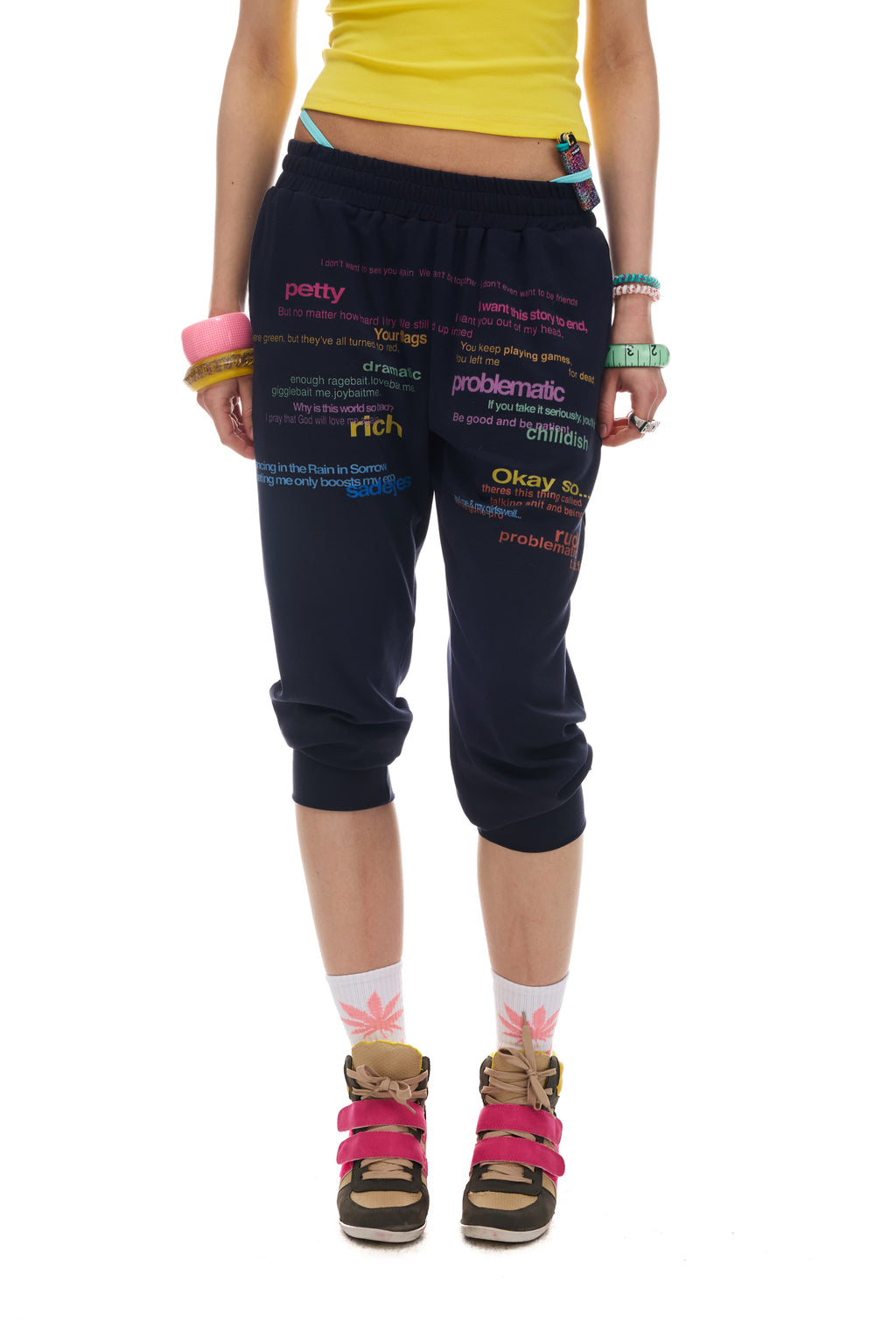 NORGIRA Colourful Lettering Slogan Full-Print Front, Drawstring Waist, Cropped, Slim-Fit, Lightweight Sweatpants