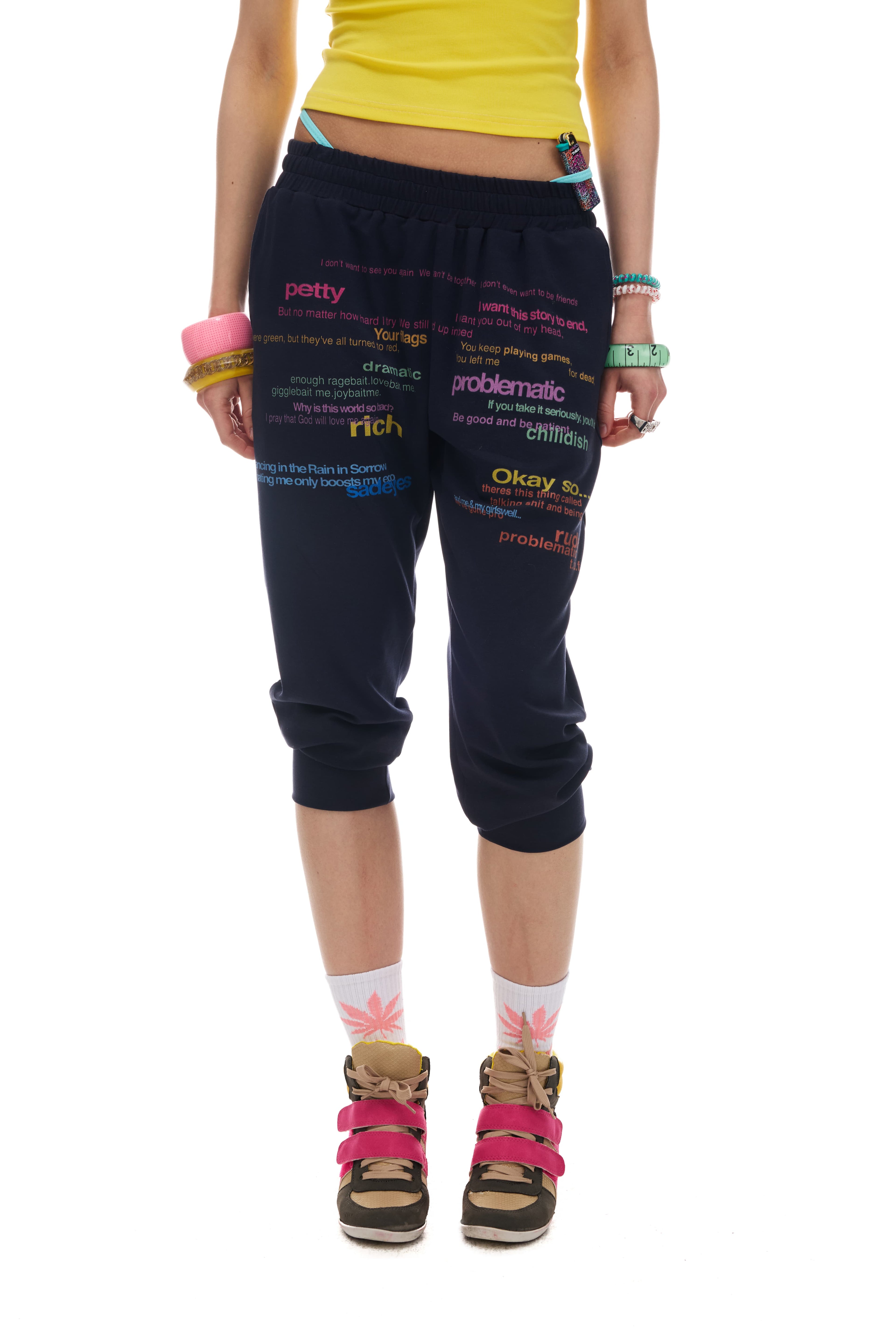 NORGIRA Colourful Lettering Slogan Full-Print Front, Drawstring Waist, Cropped, Slim-Fit, Lightweight Sweatpants