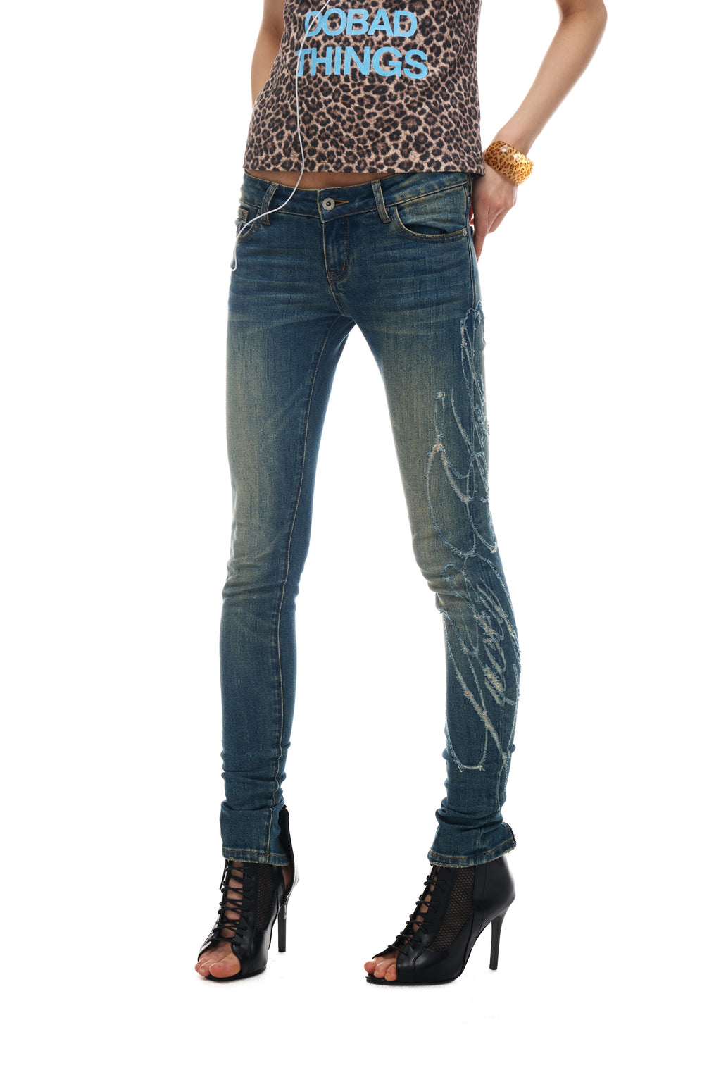 NORGIRA ‘LUCKYGIRL’ Distressed Floral Print Slim-Fit Stretch Adjustable Low-Rise Jeans