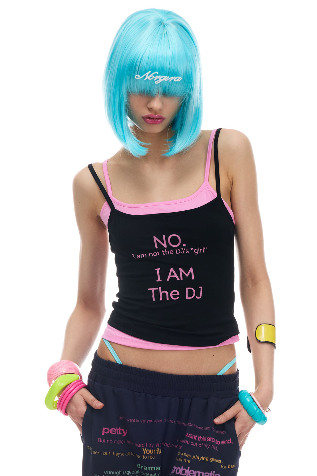 NORGIRA Colour-blocked Black and Pink Slogan Two-in-One Stretch Slim-Fit Lightweight Layering Tank Top