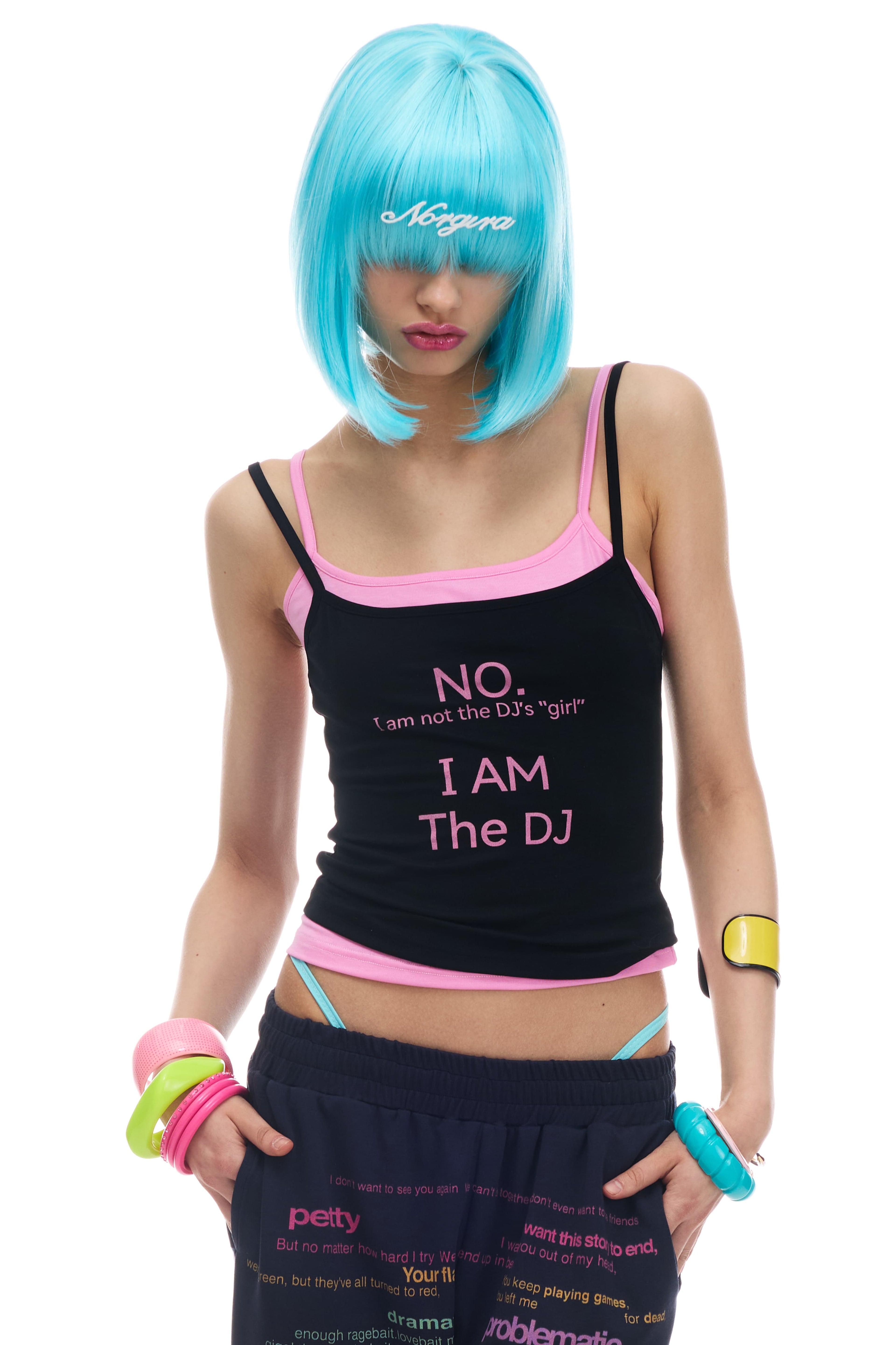 NORGIRA Colour-blocked Black and Pink Slogan Two-in-One Stretch Slim-Fit Lightweight Layering Tank Top