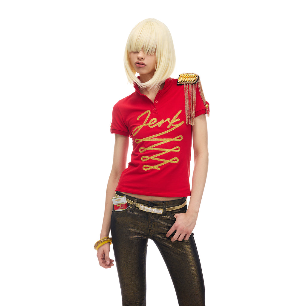 NORGIRA “JERK” Gold Thread Court Embroidery Ribbon Elastic Fit Polo Short Sleeve T-Shirt