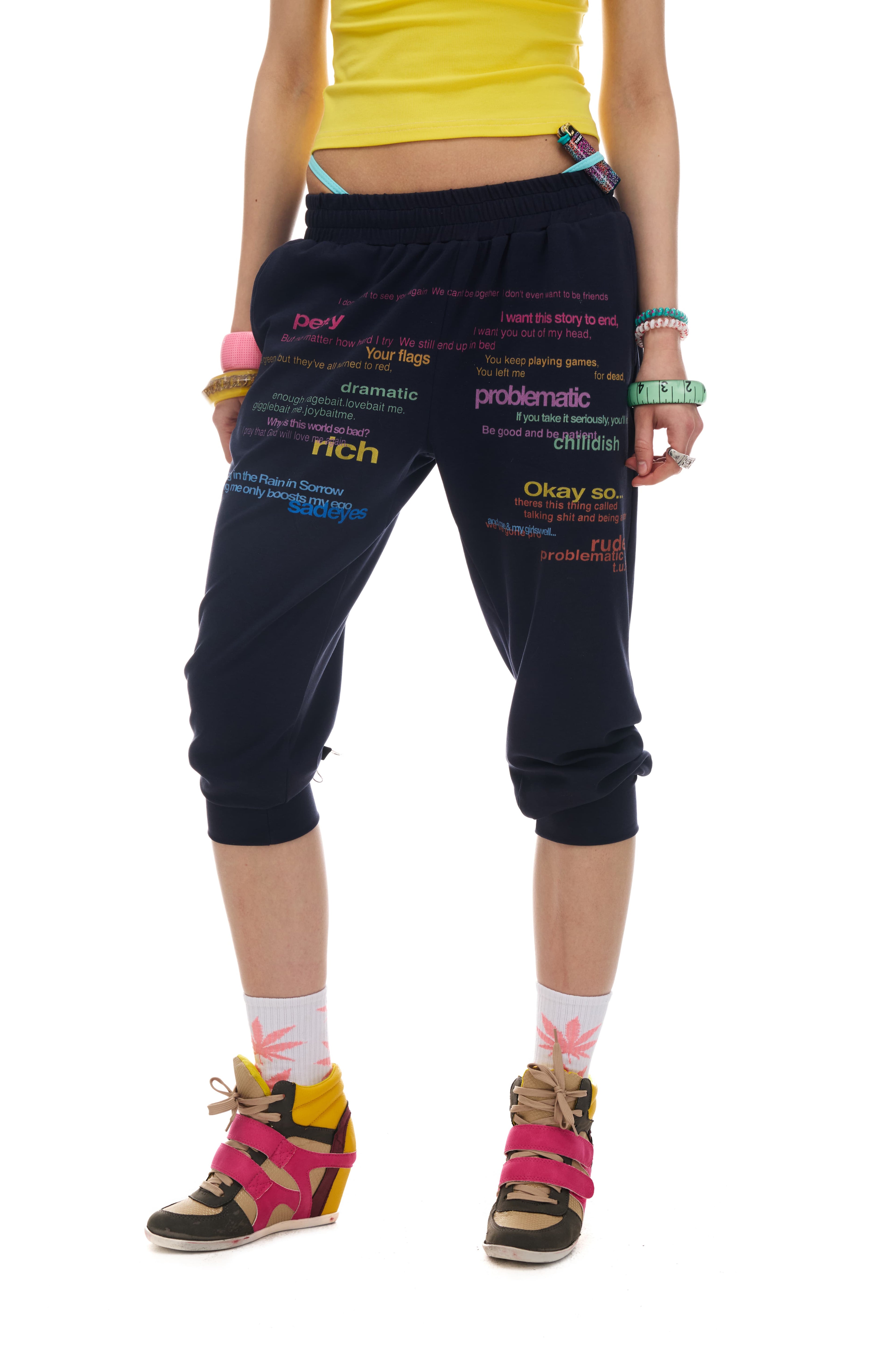 NORGIRA Colourful Lettering Slogan Full-Print Front, Drawstring Waist, Cropped, Slim-Fit, Lightweight Sweatpants