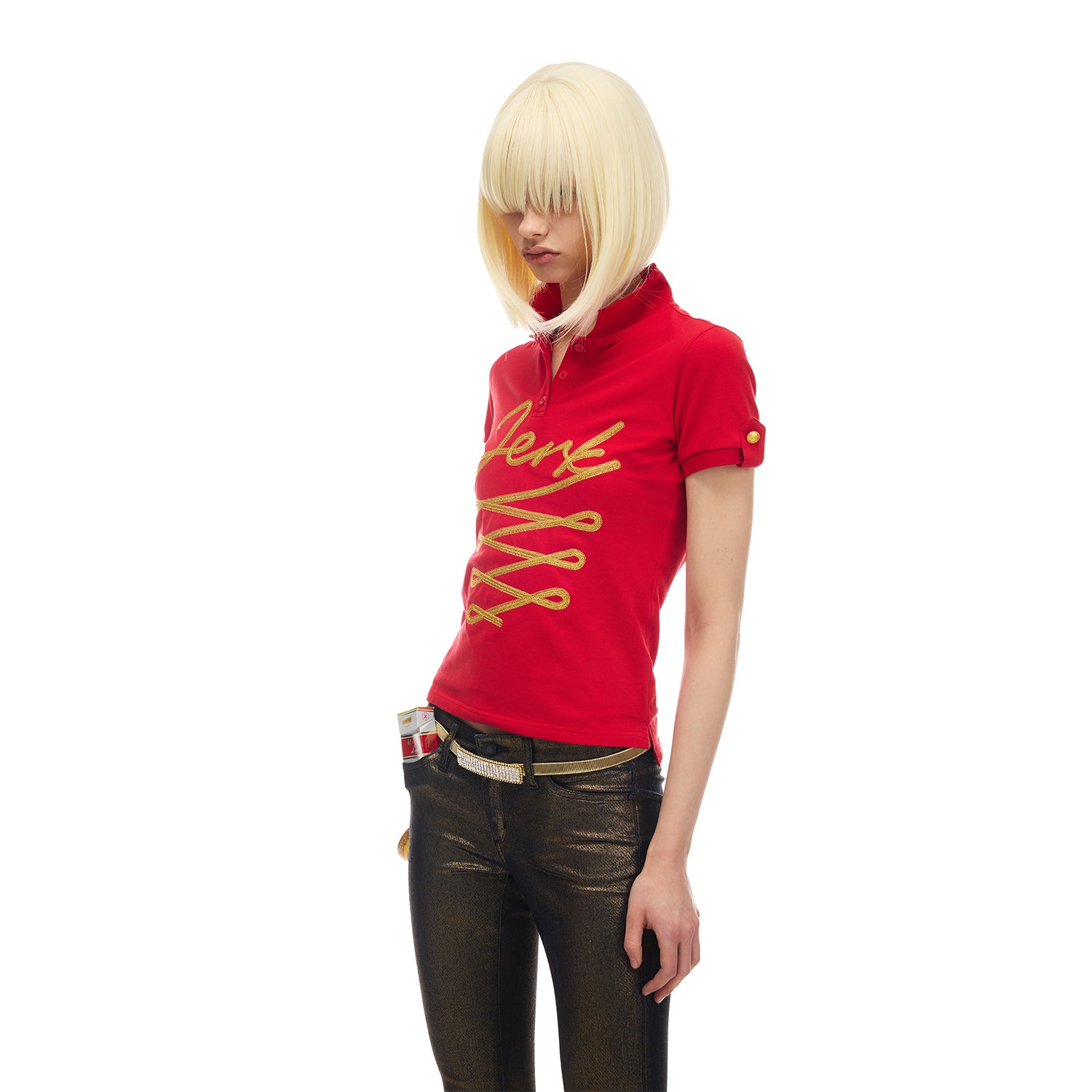 NORGIRA “JERK” Gold Thread Court Embroidery Ribbon Elastic Fit Polo Short Sleeve T-Shirt