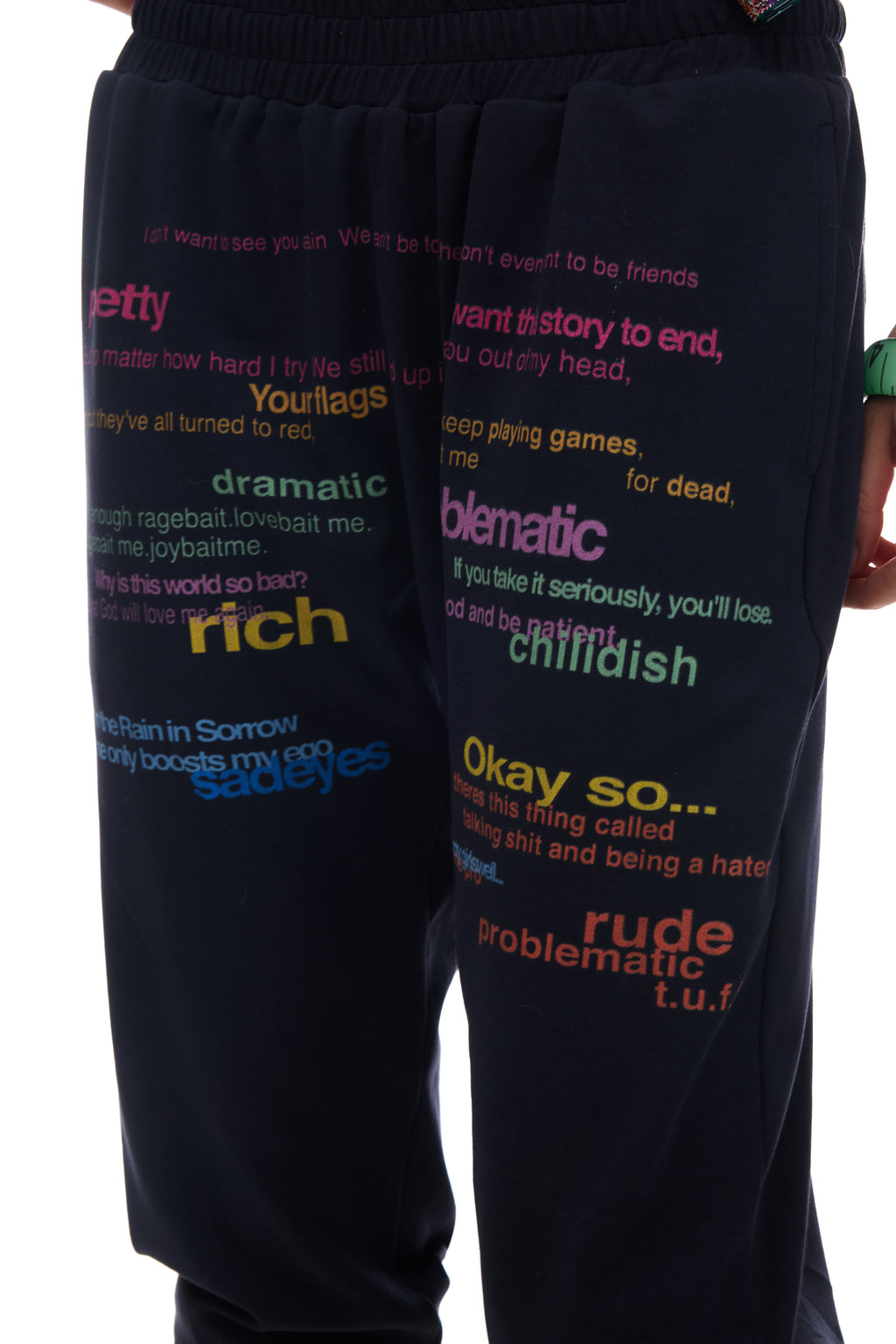 NORGIRA Colourful Lettering Slogan Full-Print Front, Drawstring Waist, Cropped, Slim-Fit, Lightweight Sweatpants