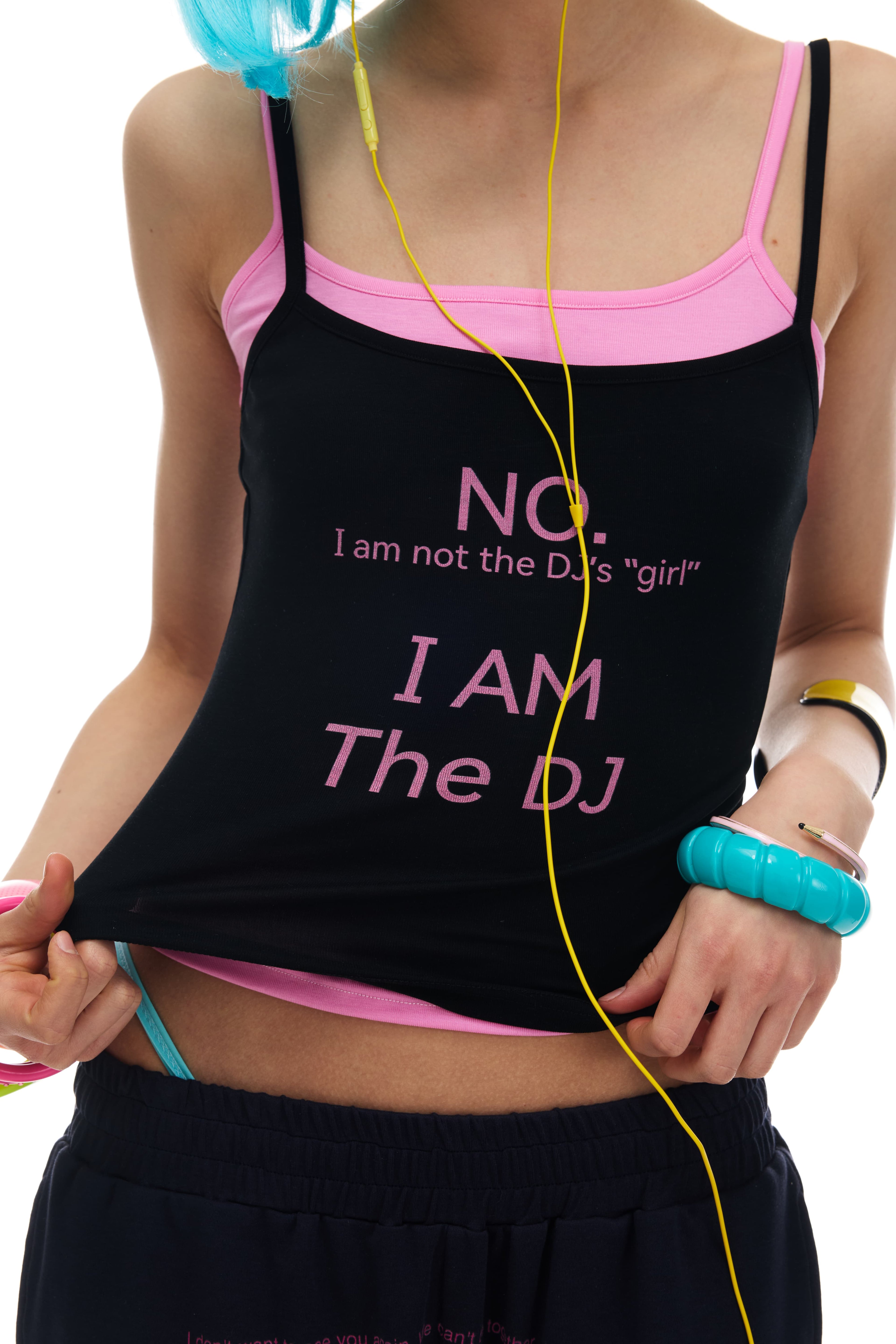 NORGIRA Colour-blocked Black and Pink Slogan Two-in-One Stretch Slim-Fit Lightweight Layering Tank Top